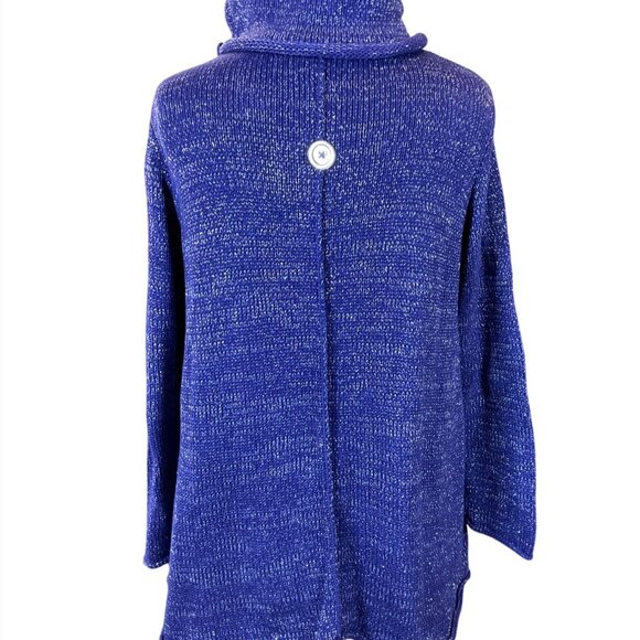 Soft Surroundings 3/4 Sleeve Navy Metallic Cowl Neck Button Front Sweater M/L - Picture 5 of 8